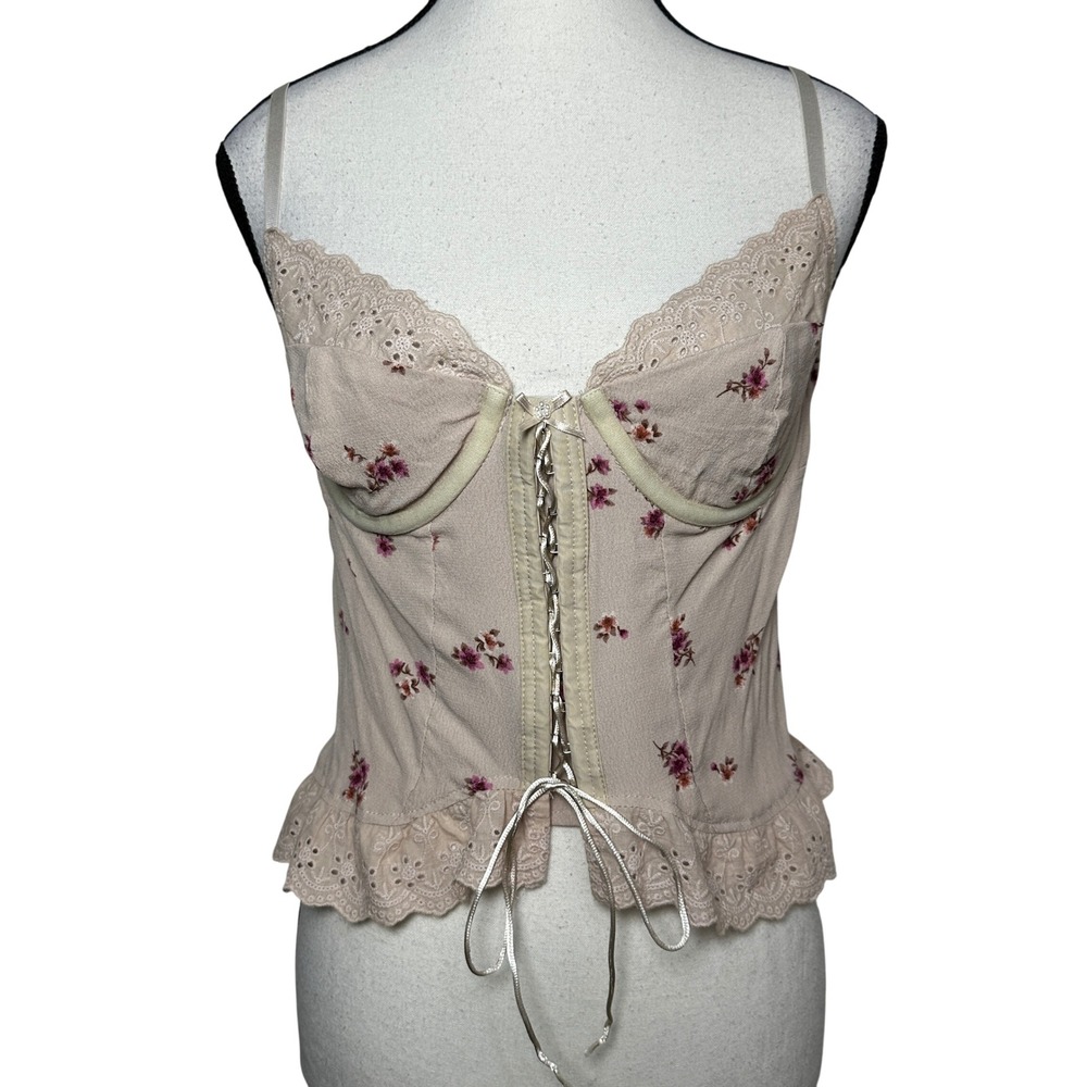 Romantic Floral Pink Corset Top Lace Trim Lace Up‎ Front Coquette Cottagecore XS